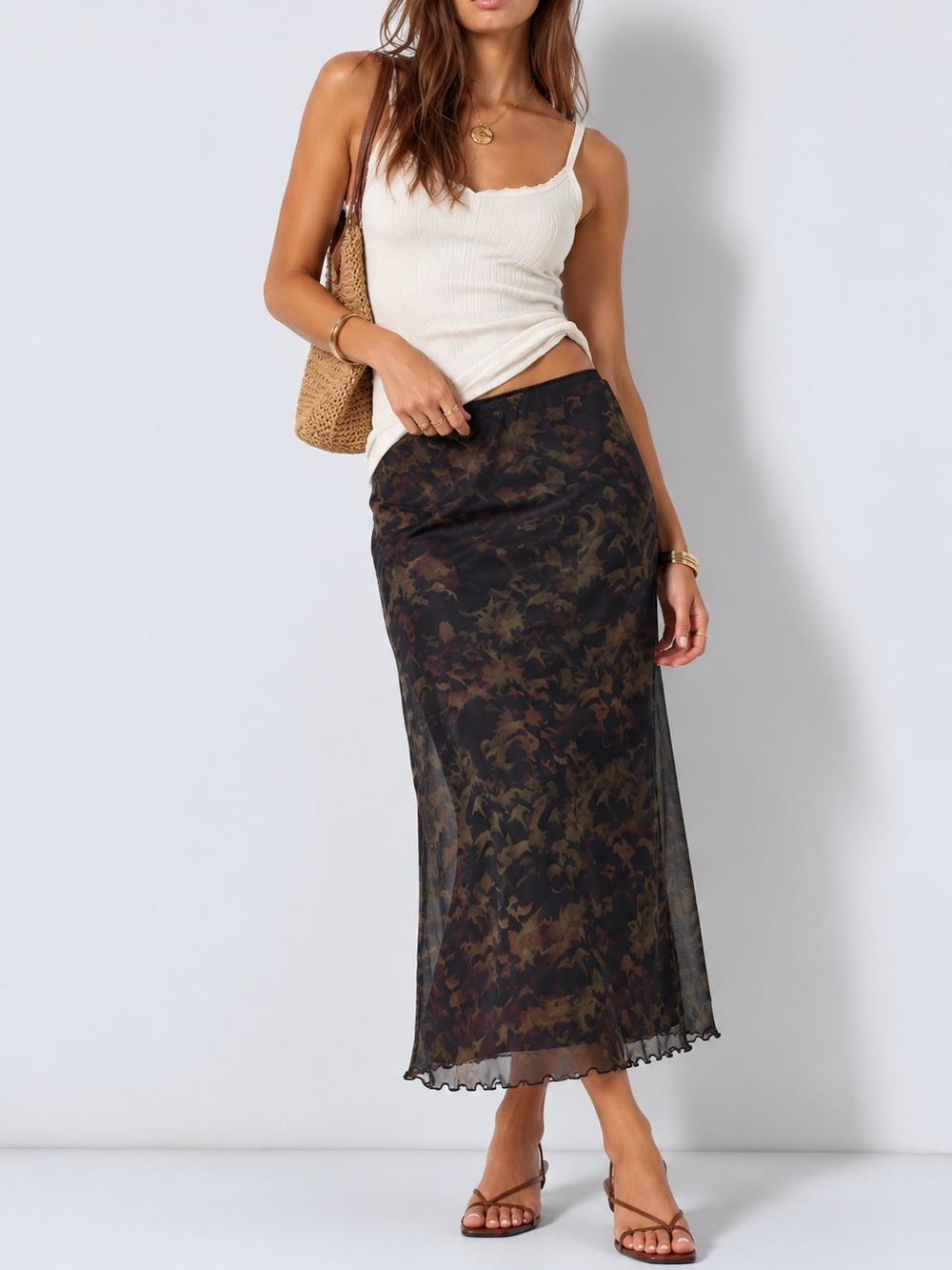 Noisy May Abstract Green Camo Mesh Maxi Skirt small Lettuce Edge Trim Y2K